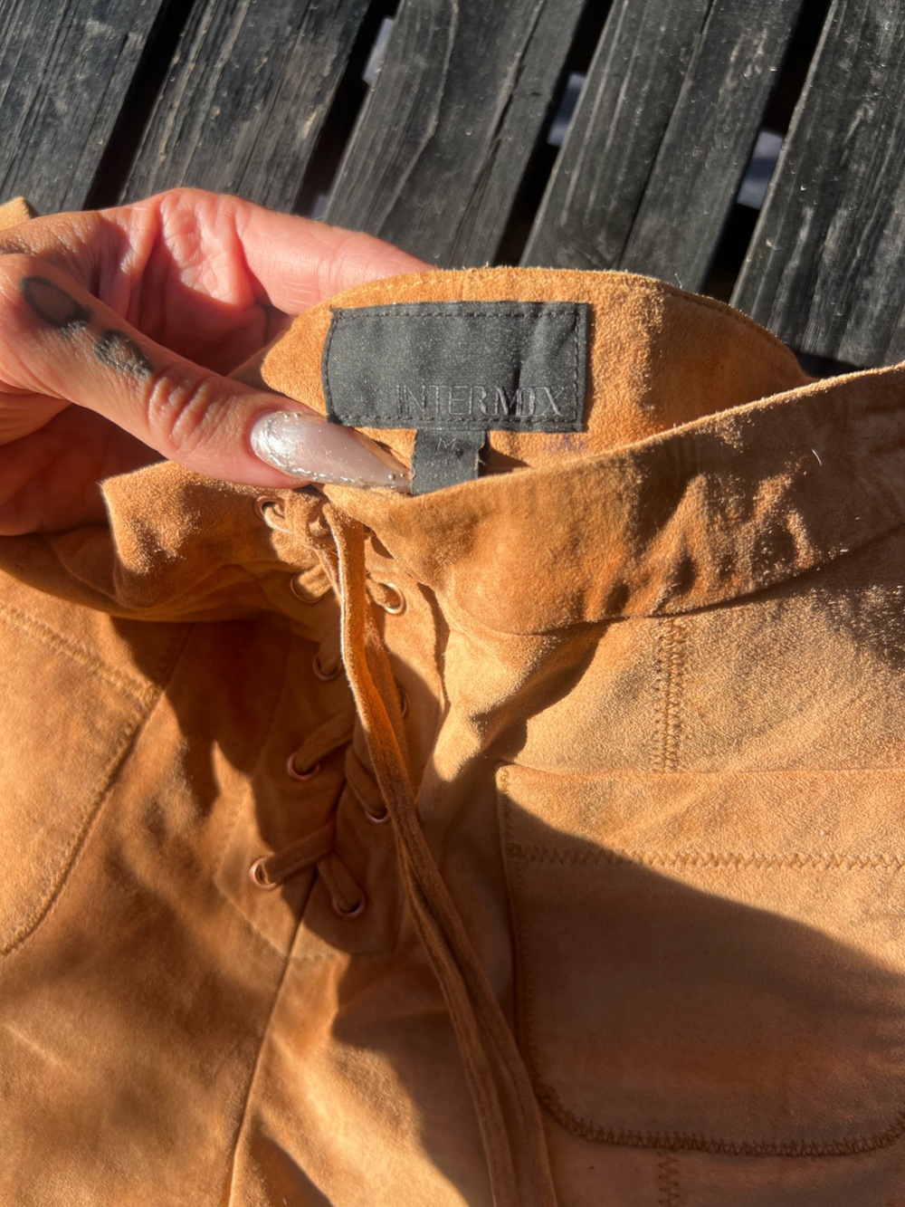Intermix Suede Lace-Up Shorts Camel - Picture 4 of 8